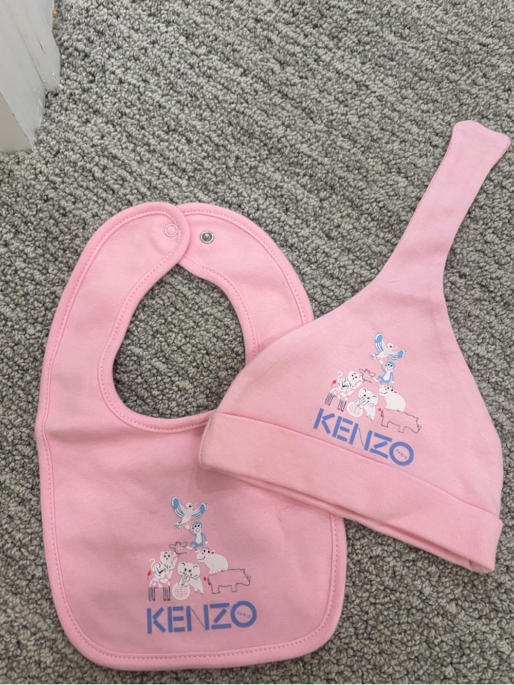 Kenzo Pink Baby Bib and Hat Set with Animal Motif